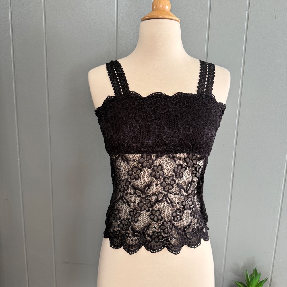 Black Floral Lace Sheer Camisole Top Tank XS-S Trim Strappy Camis Velvet Flowers - Picture 2 of 7